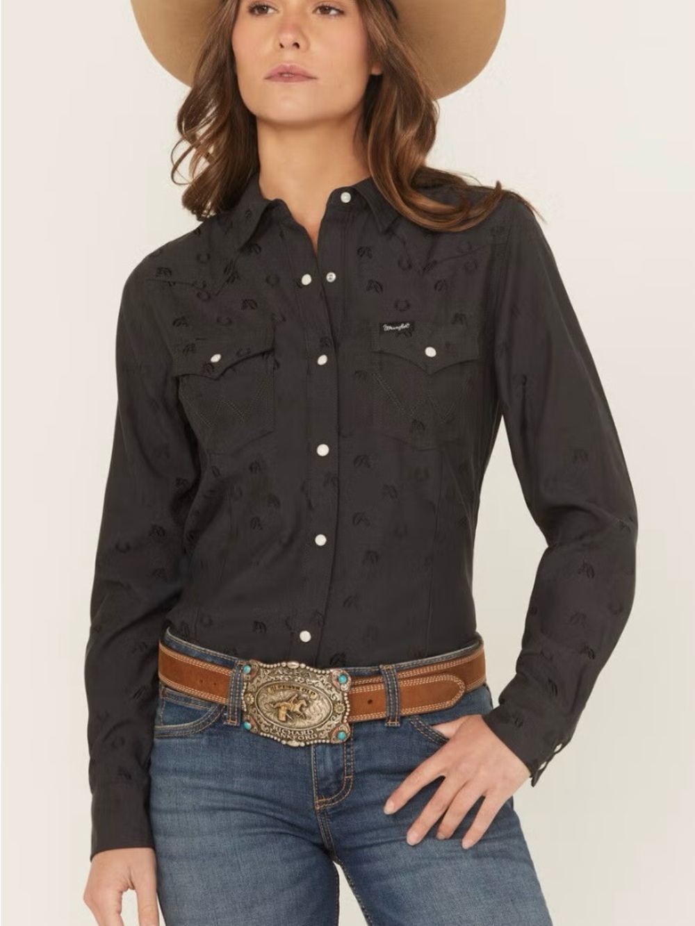 NWT Wrangler Retro black horse print pearl snap long sleeve western shirt